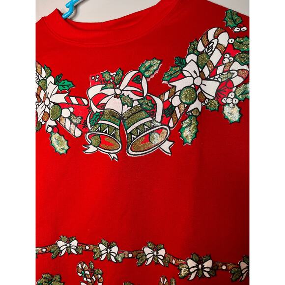 NWT 1980s Michel Nicole Puffy Christmas Glitter Candy Cane Bells Sweatshirt L - Picture 4 of 6